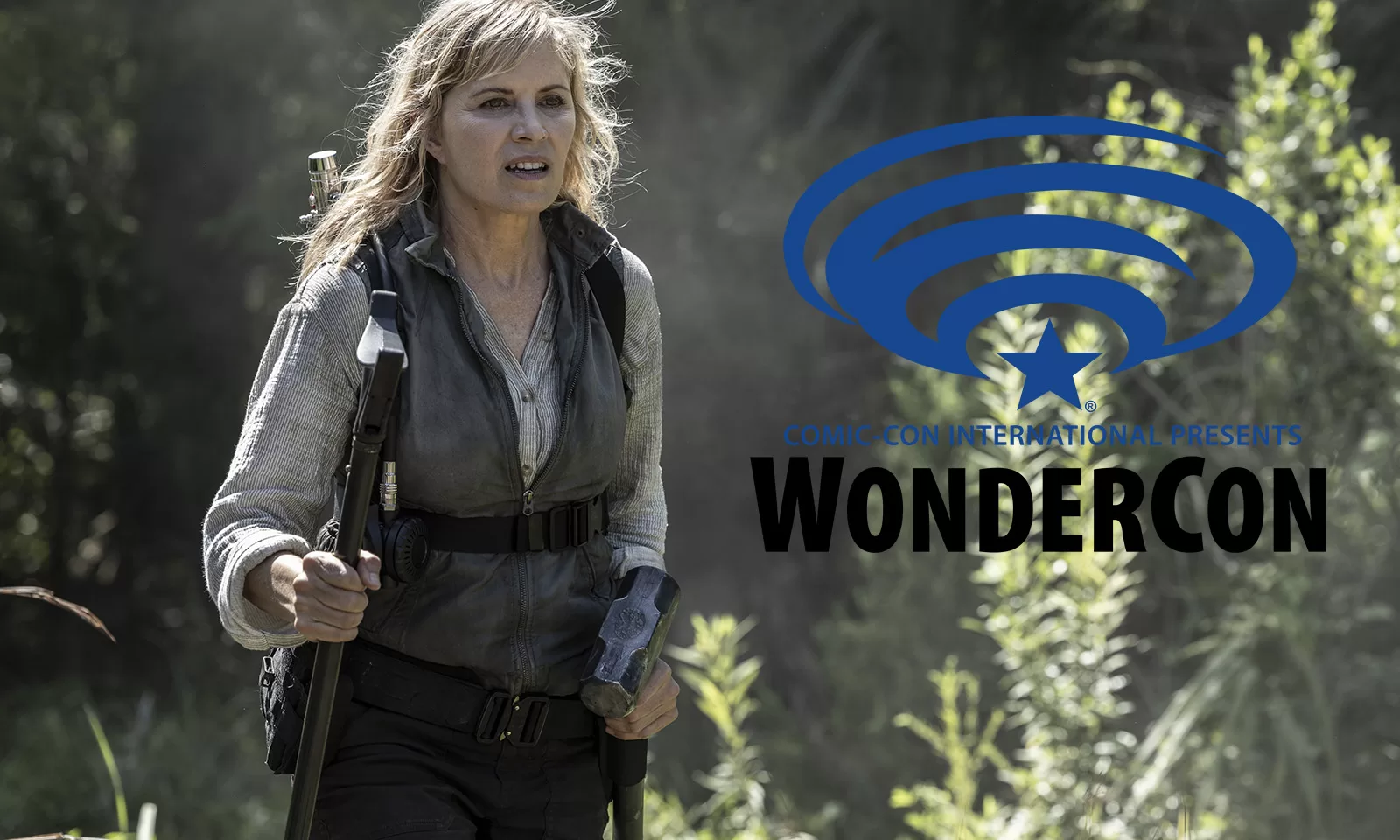 Montagem com imagem de Madison em cena da 8ª temporada de Fear the Walking Dead e a logo da WonderCon.